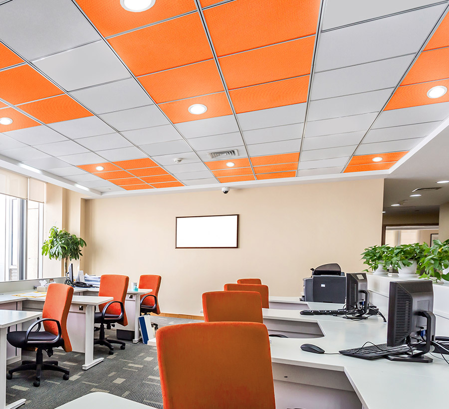 Controsoffitto-ufficio-moderno-colorato-decorativo-illuminazione-con-faretti-led